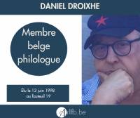 Image présentant le portrait de Daniel Droixhe, sa qualité de membre belge philologue et le fauteuil qu'il occupe